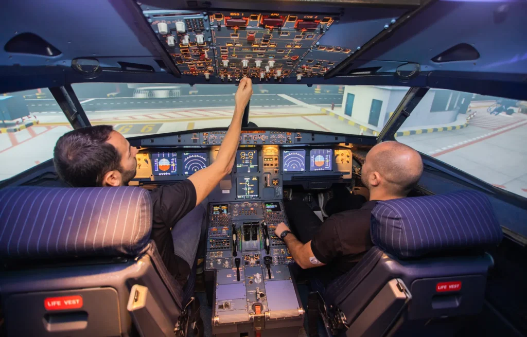 Dos pilotos trabajando en coordinación en la cabina del simulador Airbus A320