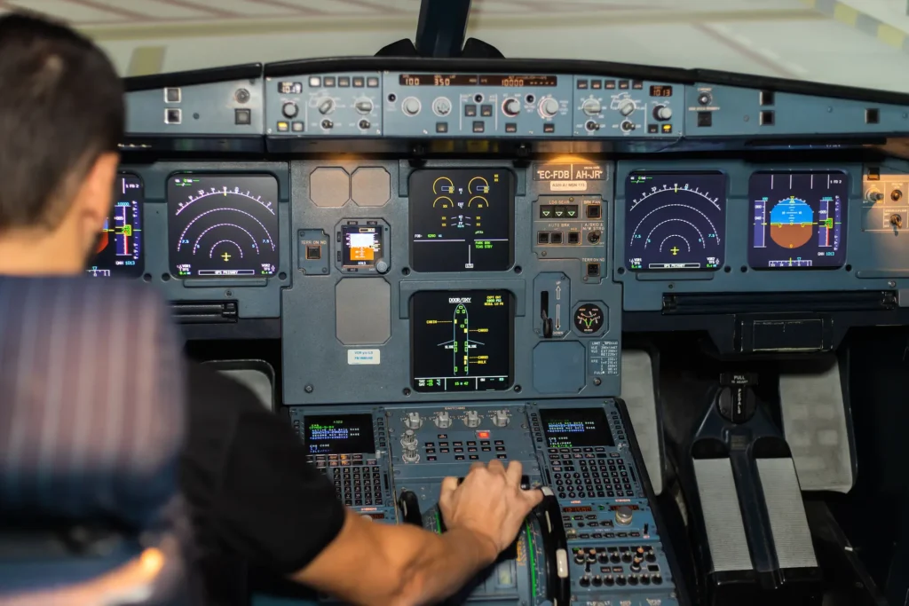 Piloto con la mano en las palancas de empuje del simulador Airbus A320