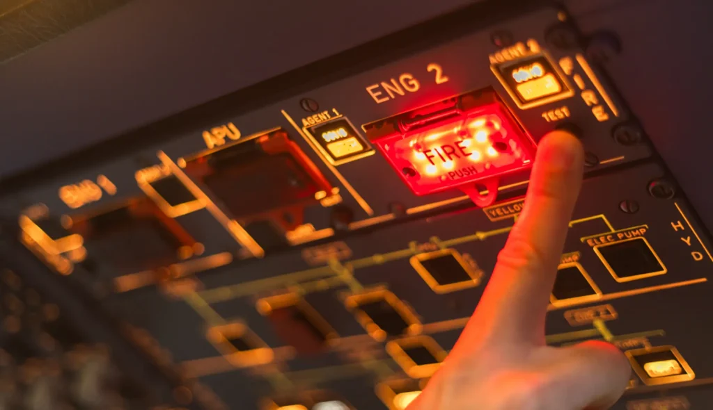 Piloto pulsando el botón de fuego del motor 2 en el panel superior del simulador A320